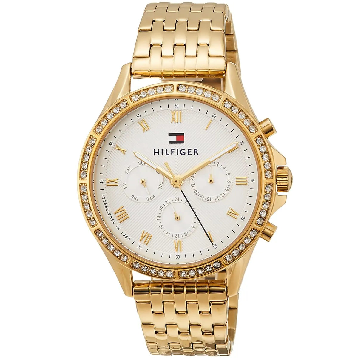 Side angle view of Tommy Hilfiger Ari watch showing white dial with sub-dials and crystal-accented bezel