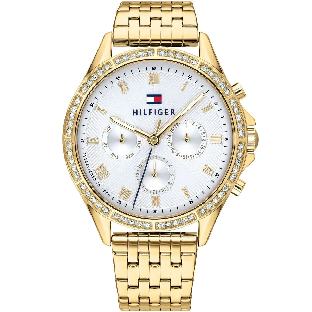 Tommy Hilfiger Ari gold-tone women's watch with white dial, crystal bezel and matching gold bracelet