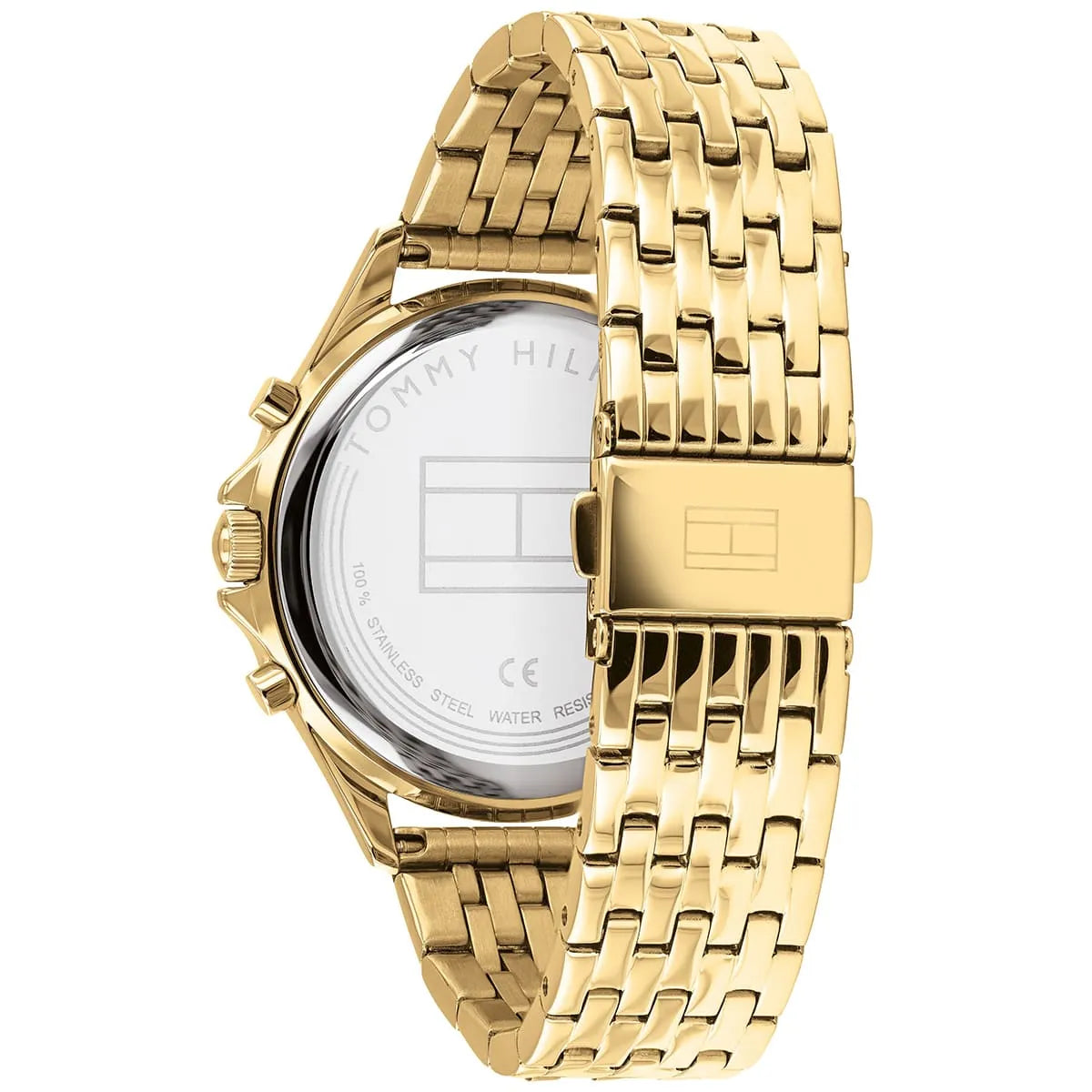 Tommy Hilfiger Ari watch displayed from angle showing full case, bezel crystals, and gold bracelet