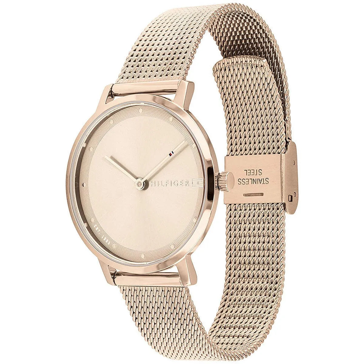 Tommy Hilfiger Pippa watch angle view showing mesh strap and rose gold case
