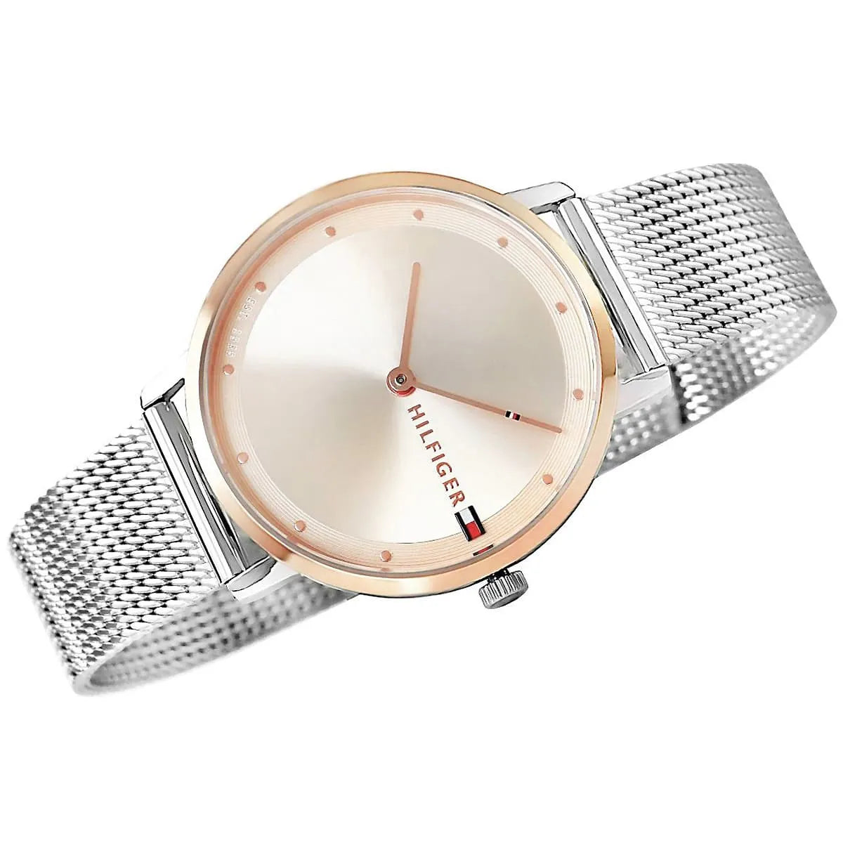 Tommy Hilfiger Pippa women's watch displayed at angle with full mesh strap visible
