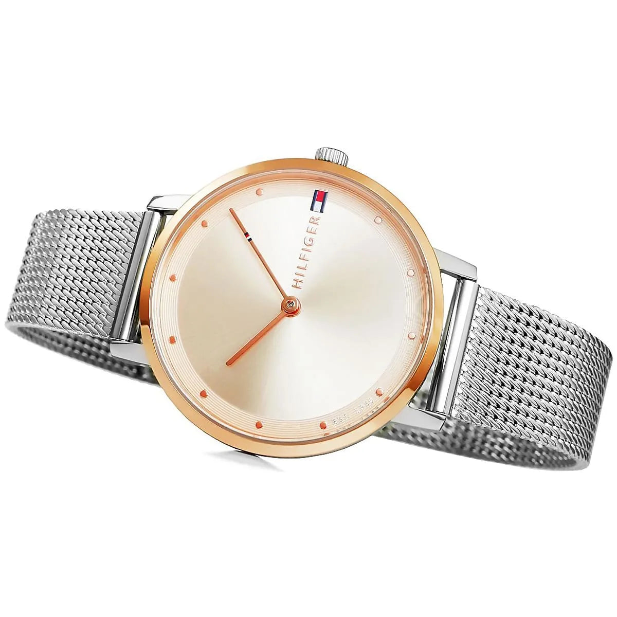Tommy Hilfiger Pippa watch with rose gold accents and silver stainless steel mesh band