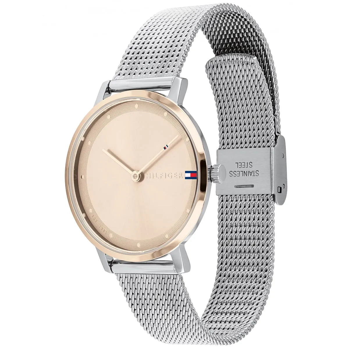 Tommy Hilfiger Pippa watch at 45-degree angle showing dial and mesh strap