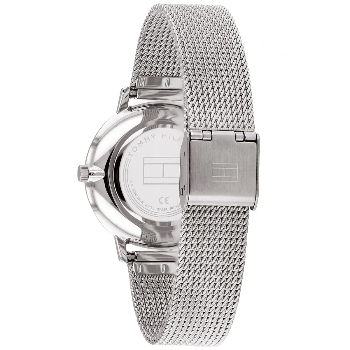 Caseback of Tommy Hilfiger Pippa watch with stainless steel mesh band detail