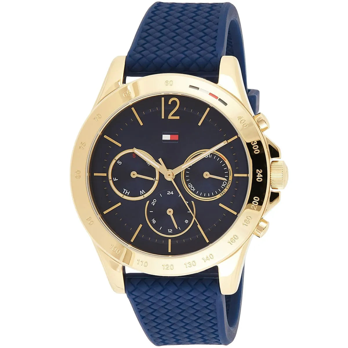 Tommy Hilfiger Haven chronograph watch angled view showing gold case and blue rubber strap