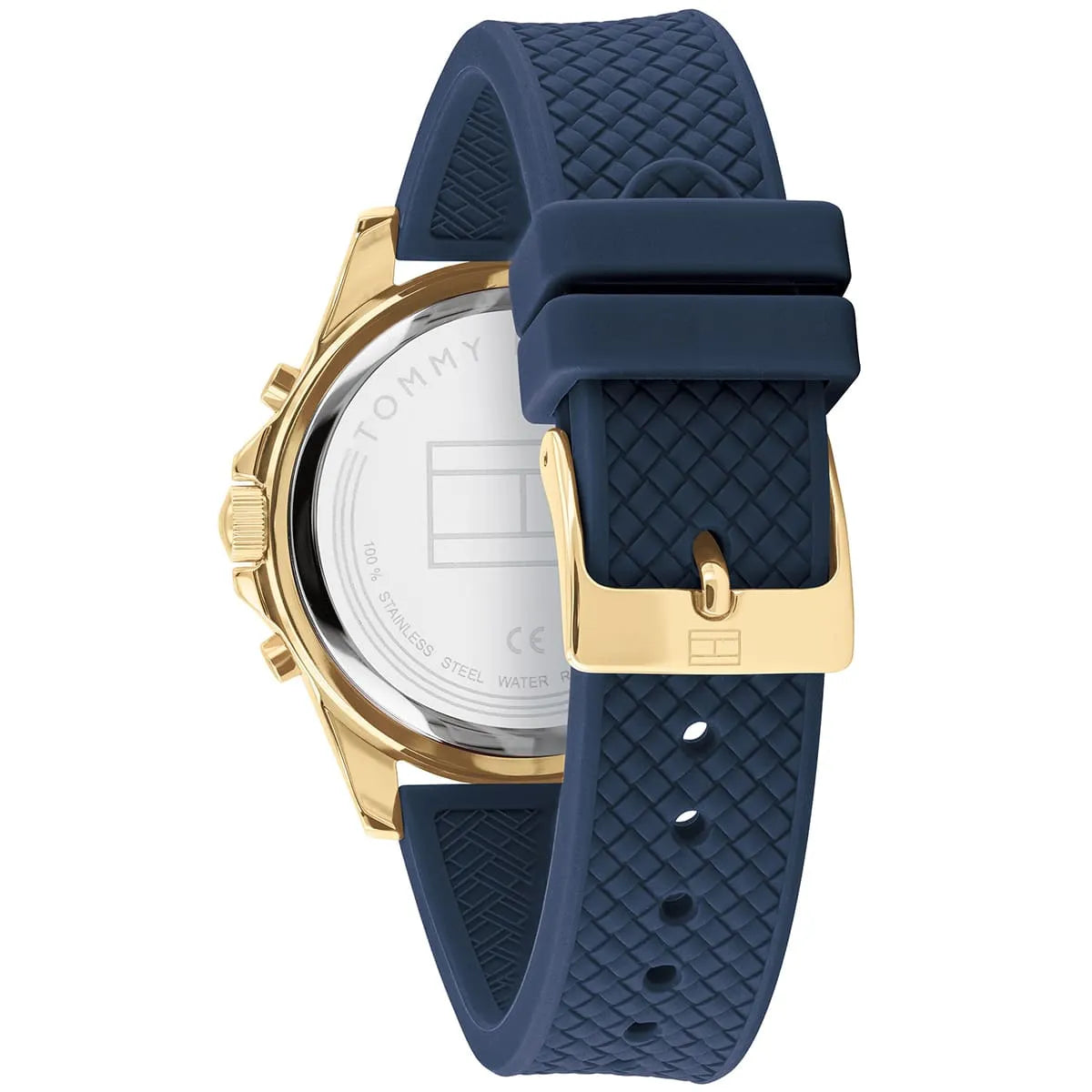 Tommy Hilfiger Haven watch strap detail showing quilted navy rubber and gold buckle