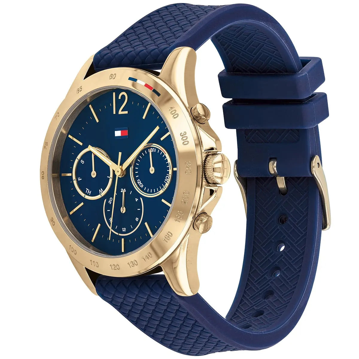Tommy Hilfiger Haven blue quilted rubber strap with gold-tone buckle and flag detail