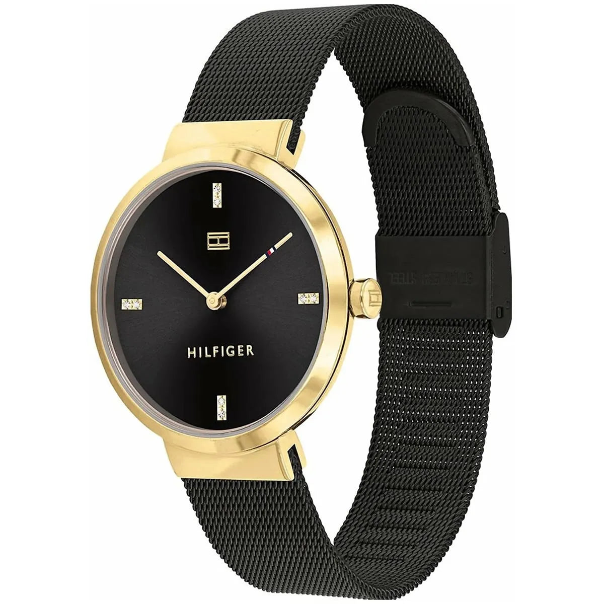 Tommy Hilfiger Liberty watch angle view showing gold case and black mesh band