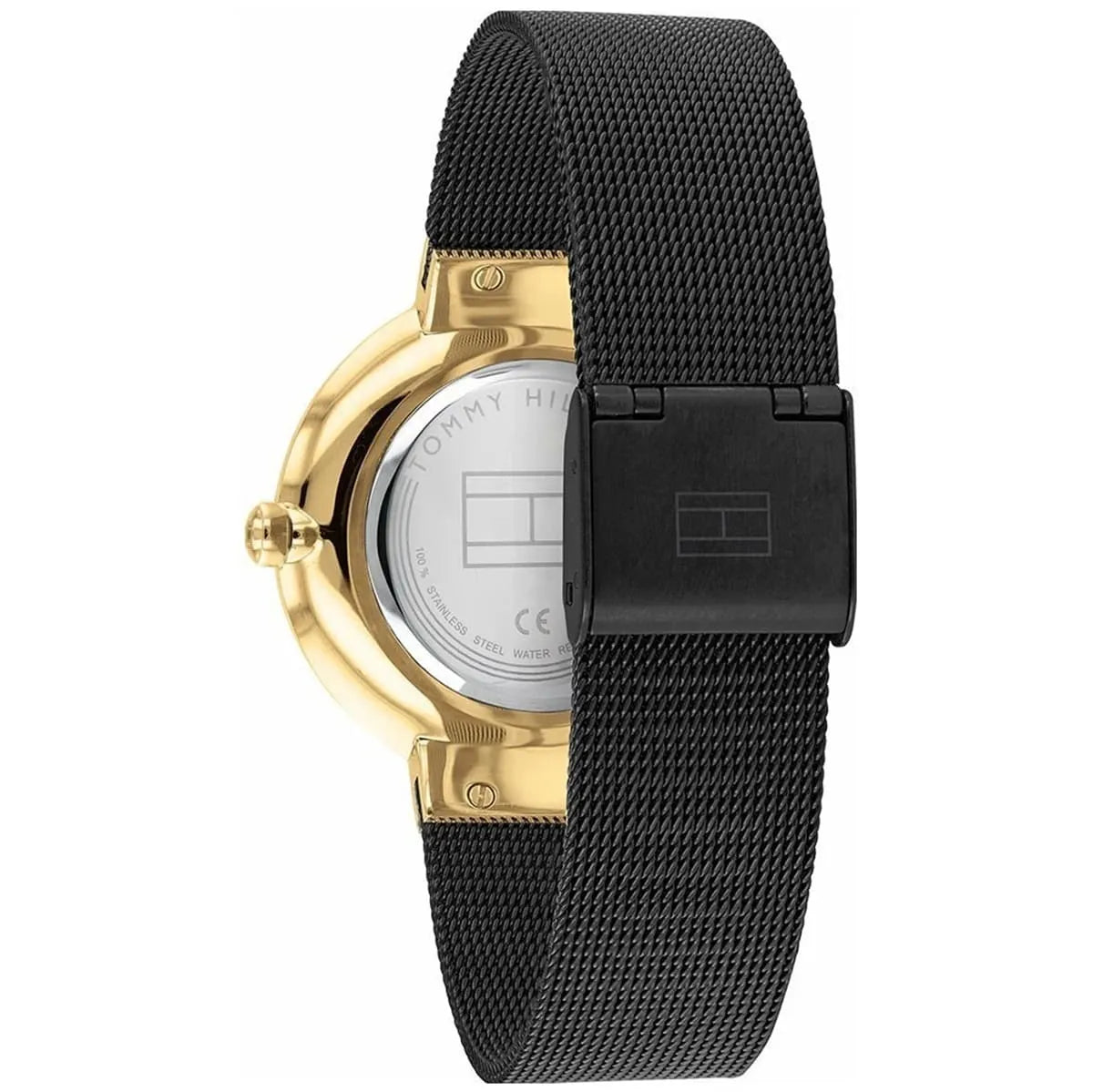 Tommy Hilfiger Liberty watch caseback showing dial details and adjustable black mesh strap