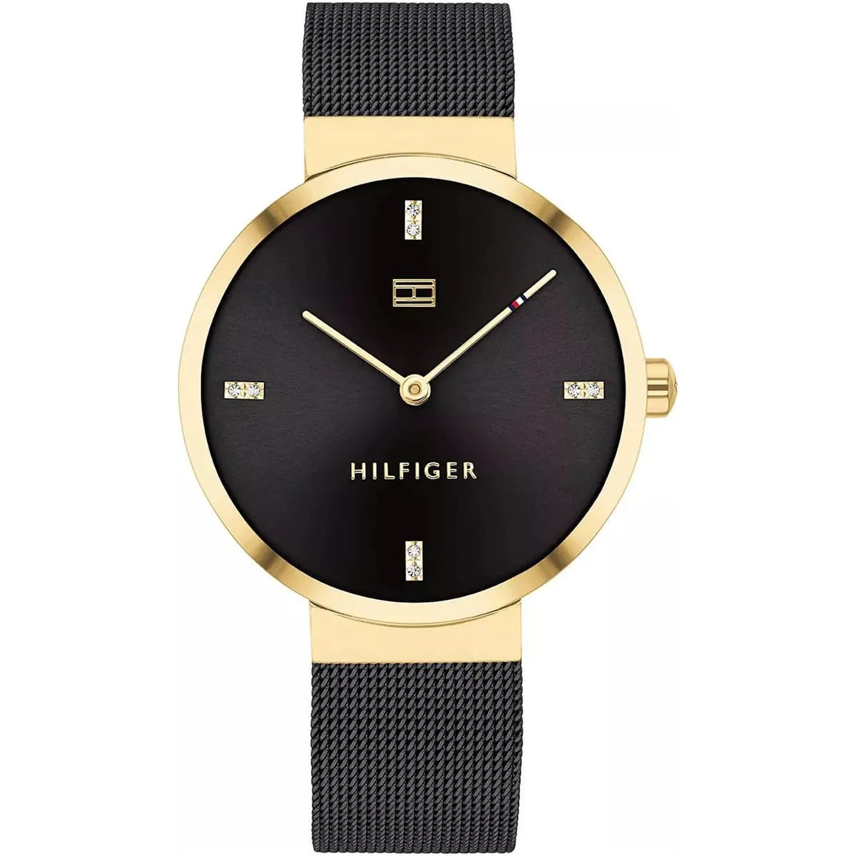 Tommy Hilfiger Liberty women's watch with black dial, gold case, and black mesh strap