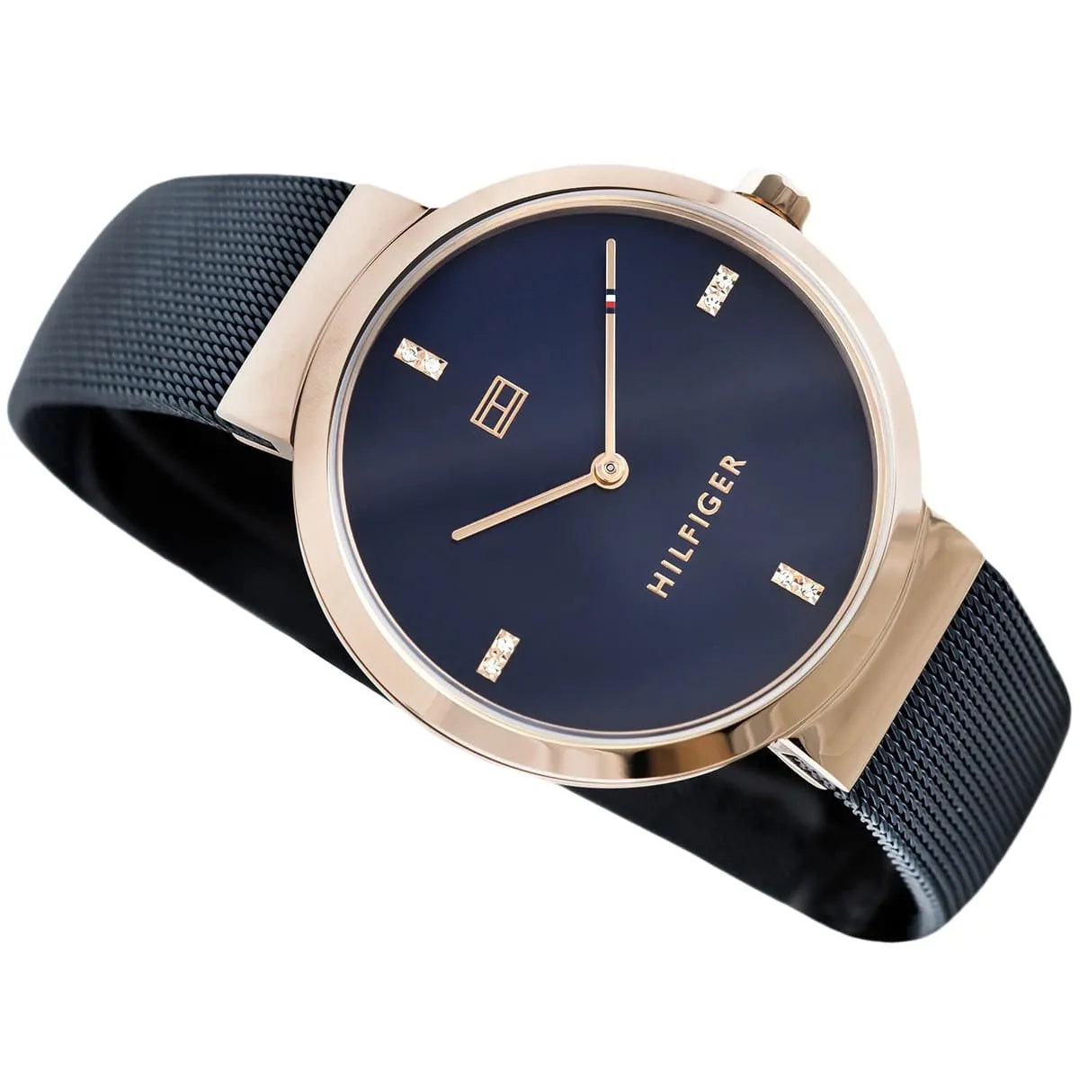 Tommy Hilfiger Liberty watch on navy strap with rose-gold case and blue dial