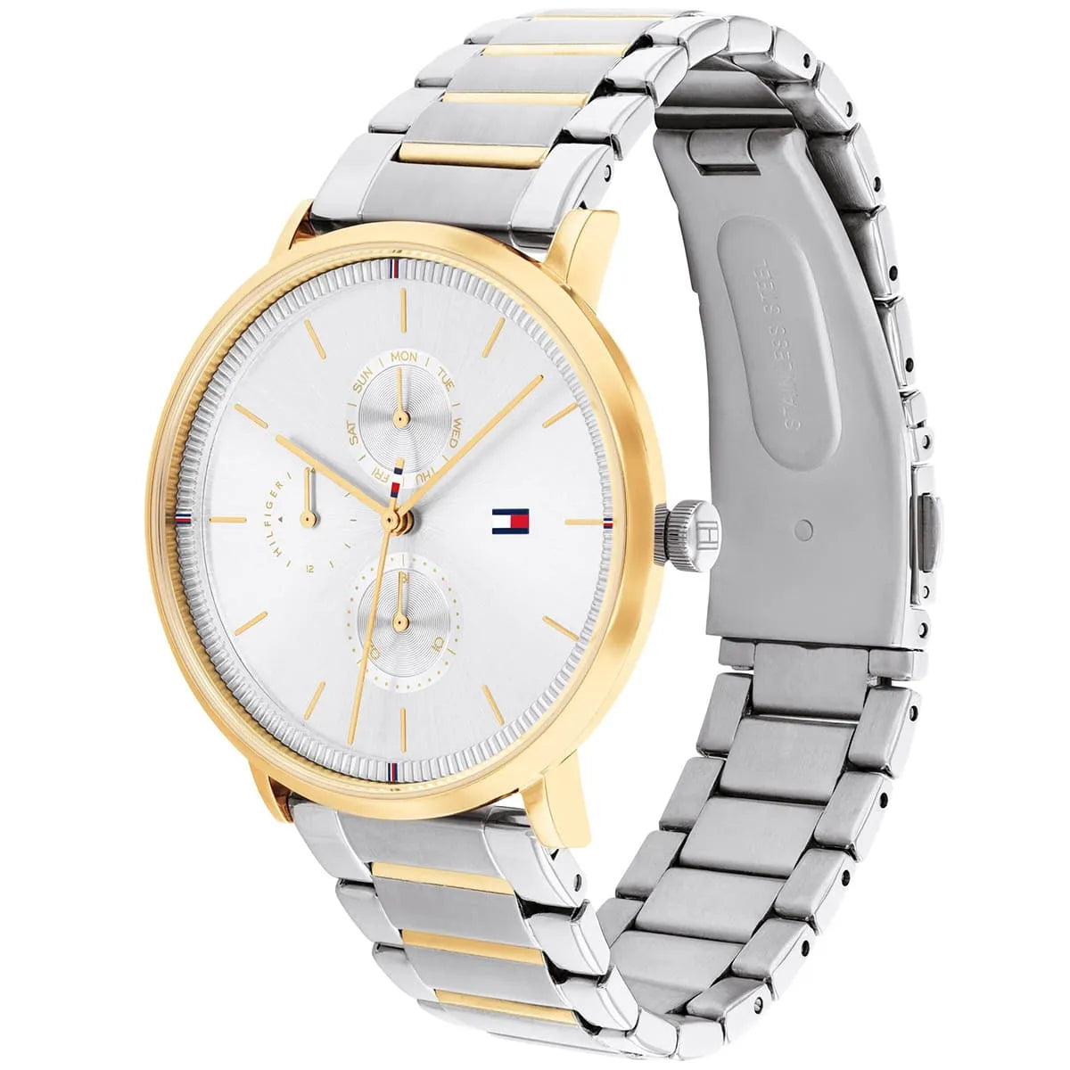 Tommy Hilfiger Jenna watch shown from angle with full metal strap visible