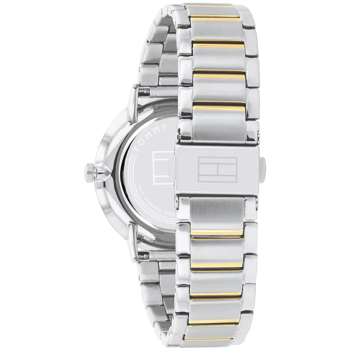 Tommy Hilfiger Jenna watch side view showing stainless steel and gold-tone bracelet