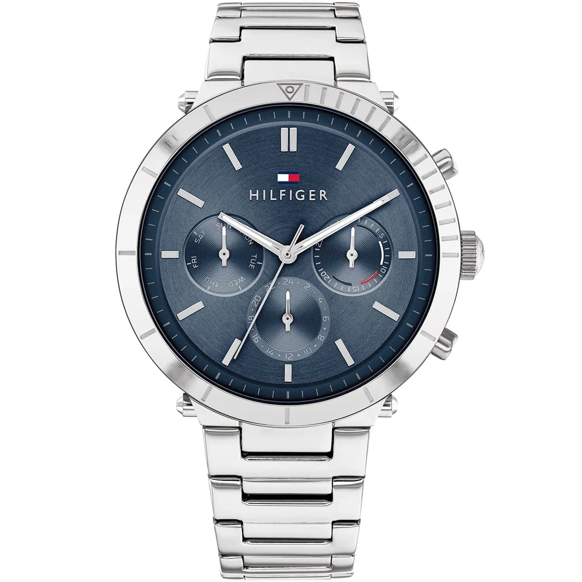 Tommy Hilfiger women's watch with blue dial, stainless steel case and metal bracelet, chronograph subdials