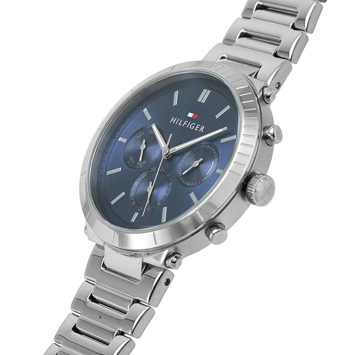 Side profile of Tommy Hilfiger women's watch showing stainless steel case and bracelet