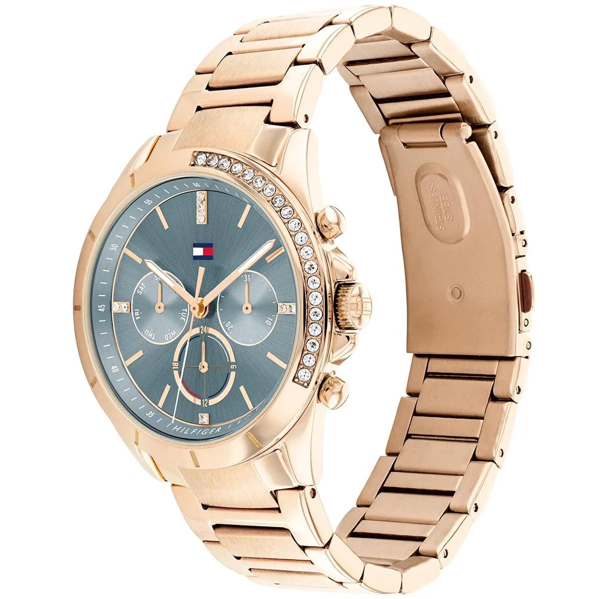 Tommy Hilfiger Kennedy watch at angle showing rose gold metal bracelet and crystal-set bezel