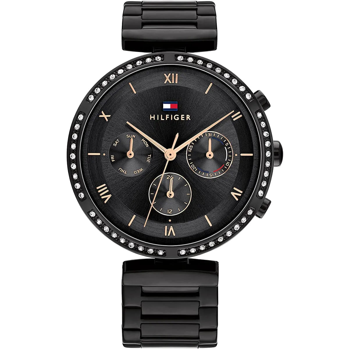 Tommy Hilfiger women's watch with black dial, crystal bezel, and stainless steel strap