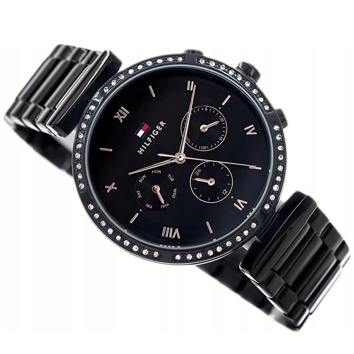 Side view of Tommy Hilfiger women's watch with chronograph subdials and crystal bezel