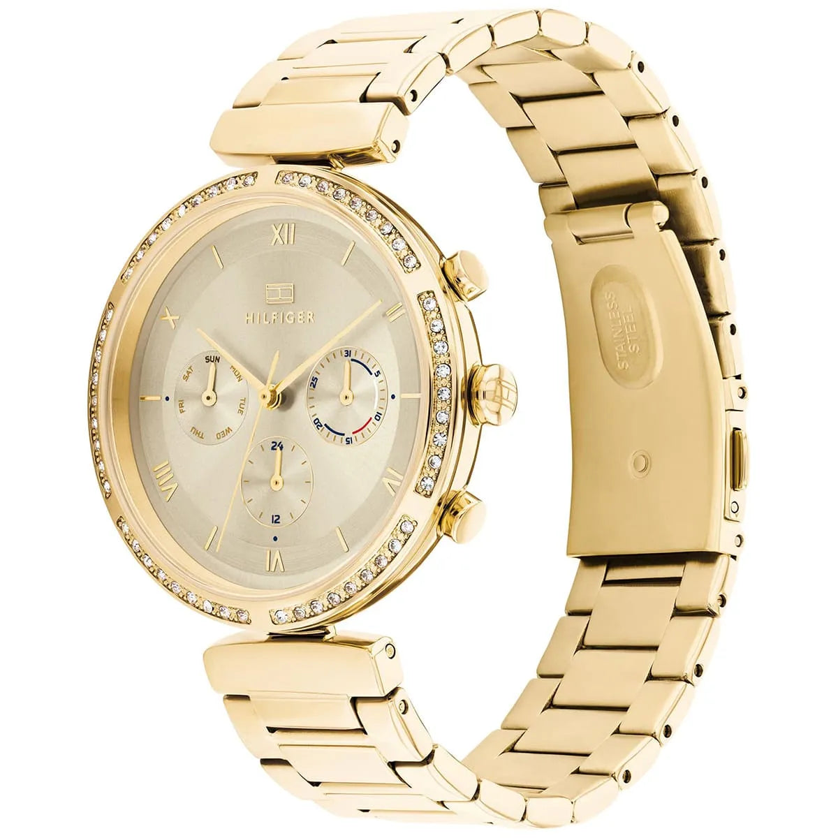 Tommy Hilfiger 1782392 gold-tone women's watch side view with stainless steel link bracelet