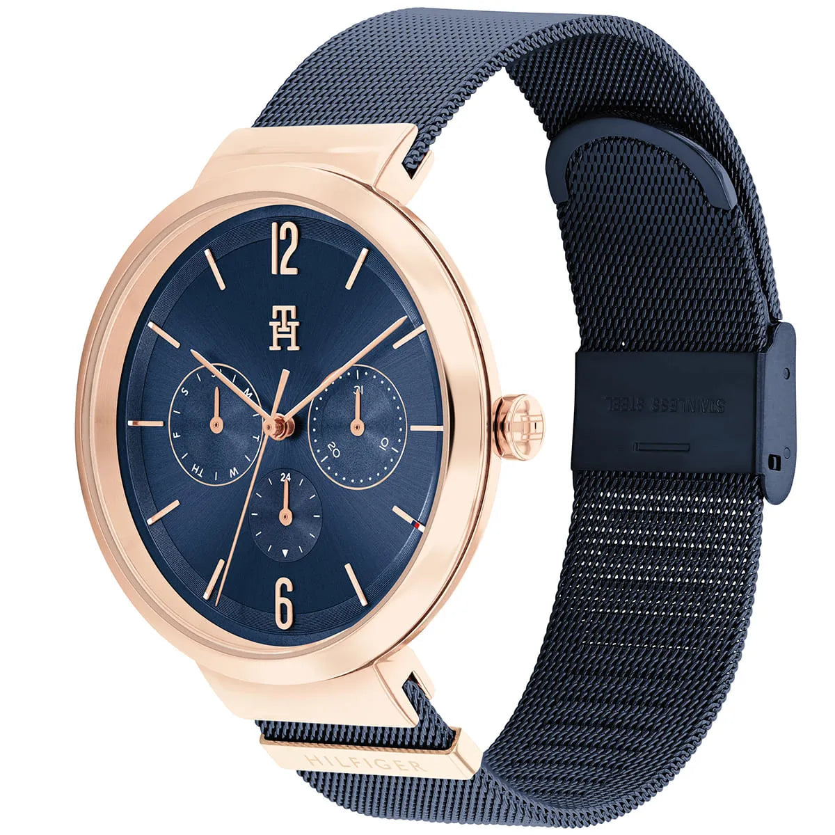 Tommy Hilfiger watch with blue dial and rose gold case on blue mesh bracelet