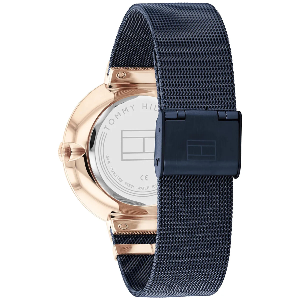 Tommy Hilfiger watch case back showing stainless steel construction and mesh strap