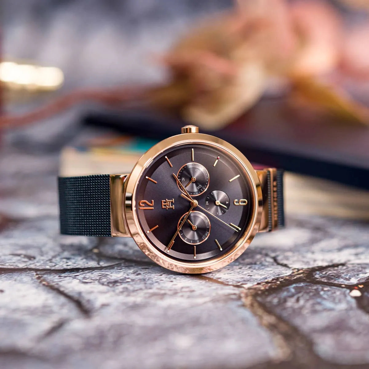 Tommy Hilfiger chronograph watch styled on outdoor background