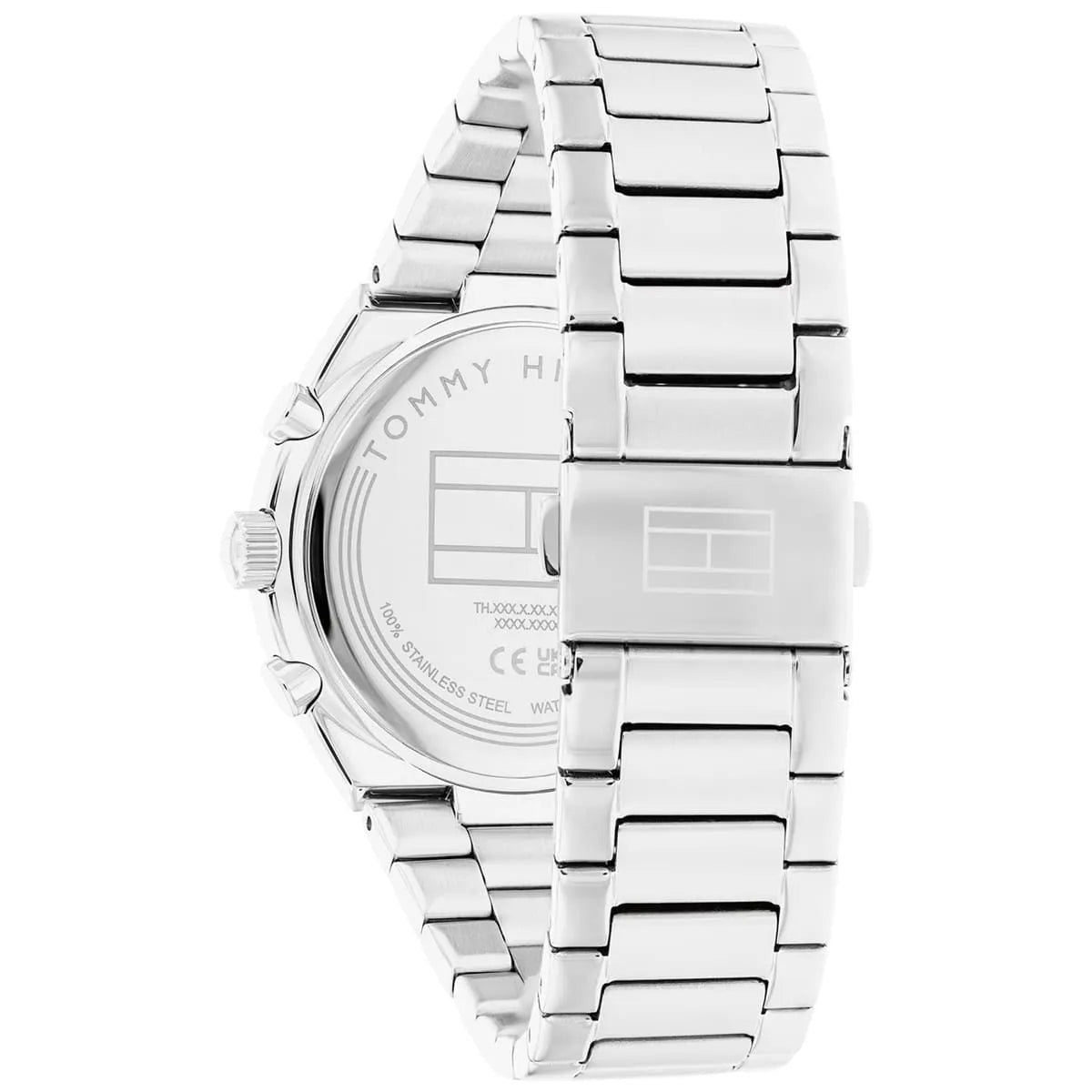 Tommy Hilfiger women's watch side profile showing silver-tone stainless steel metal bracelet links