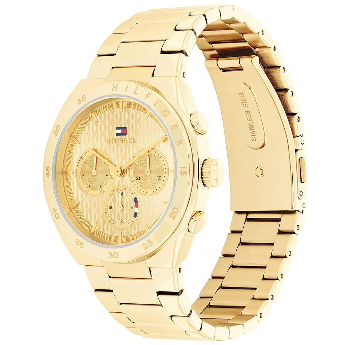 Tommy Hilfiger Carrie gold watch displayed at angle showing dial and metal bracelet