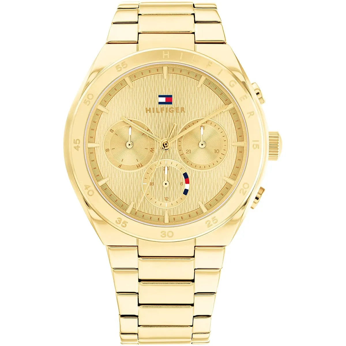 Tommy Hilfiger Carrie gold multifunction watch with champagne dial and metal strap