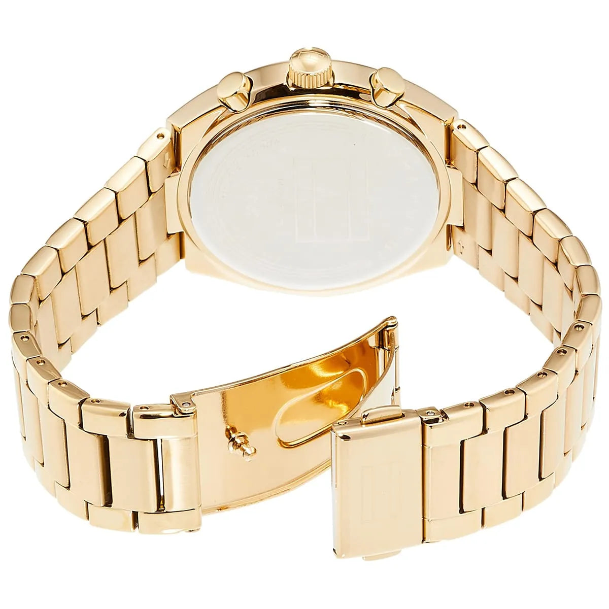 Gold stainless steel link bracelet and clasp of Tommy Hilfiger Carrie watch