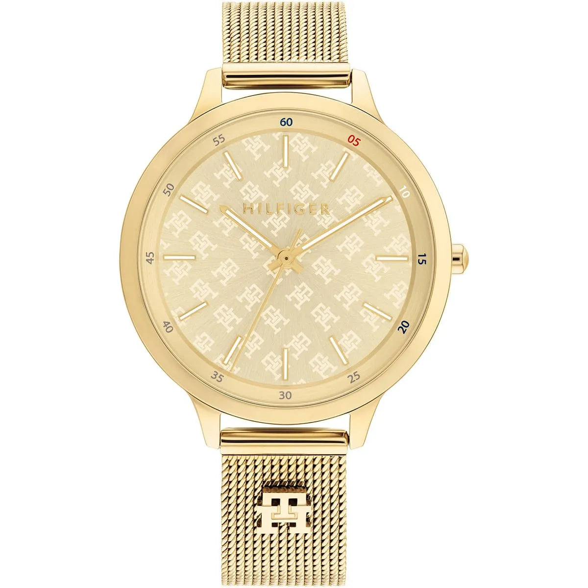 Tommy Hilfiger gold mesh watch with light champagne dial and three-hand display