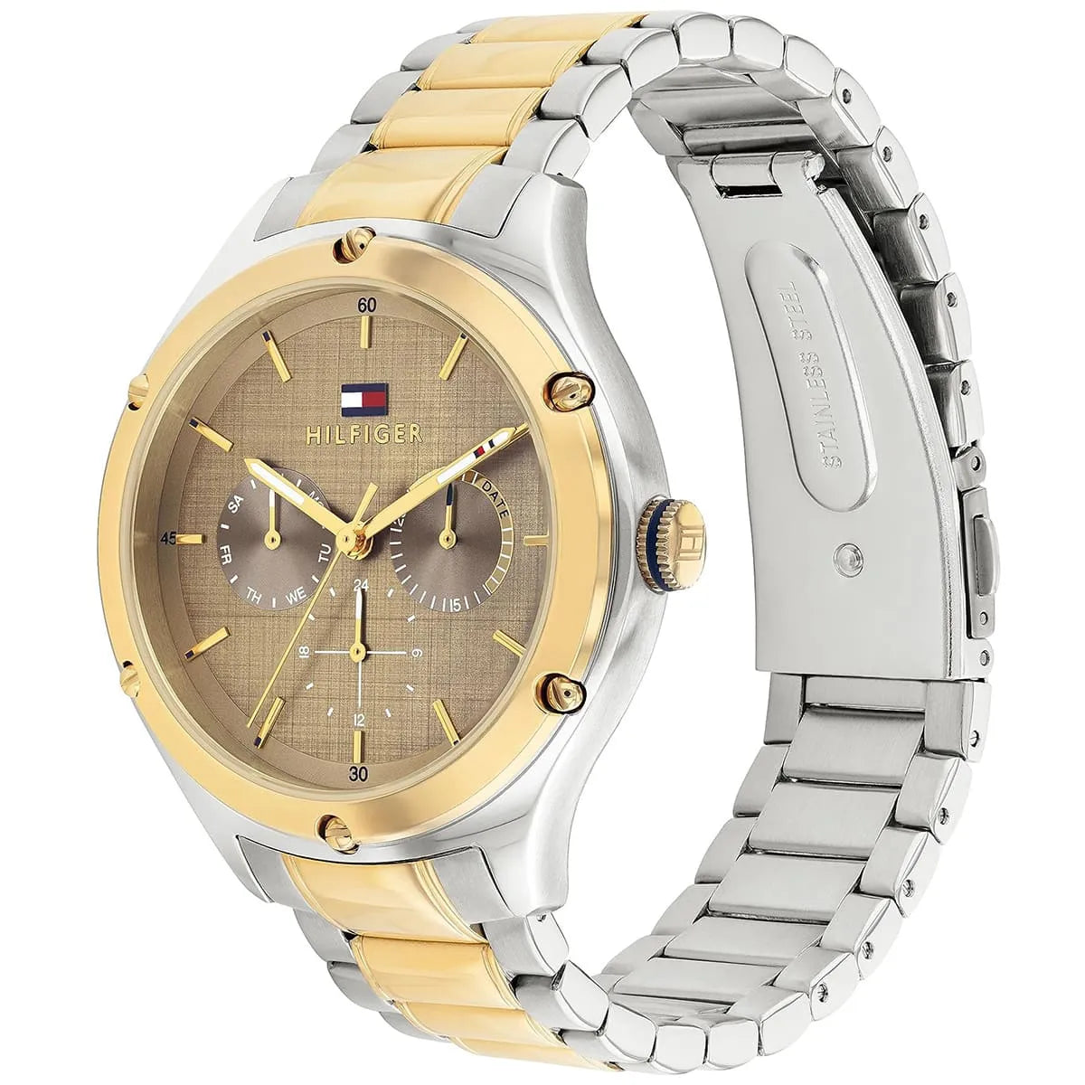Side angle view of Tommy Hilfiger Lexi watch showing two-tone bracelet and case