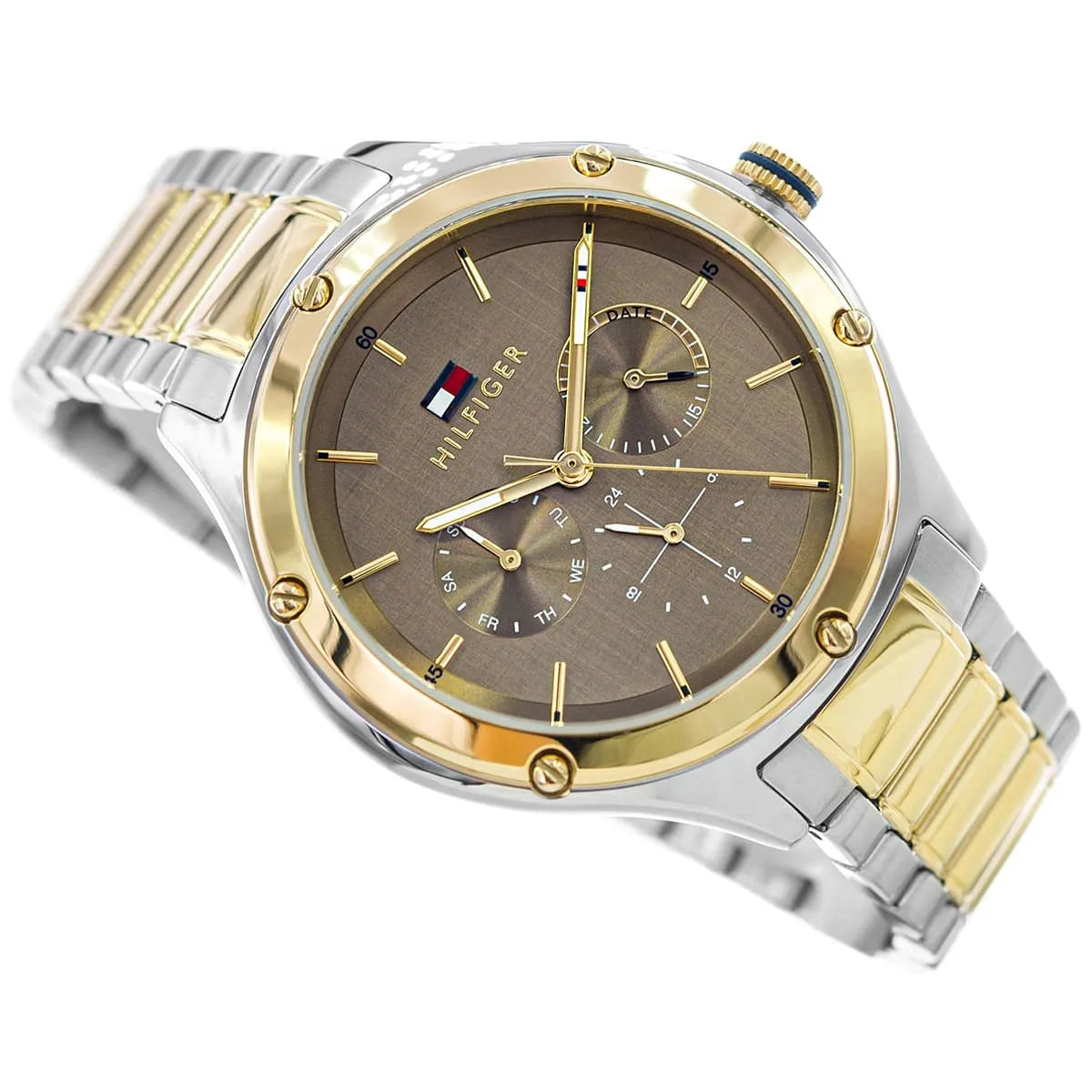 Side profile of Tommy Hilfiger Lexi chronograph watch with two-tone bracelet