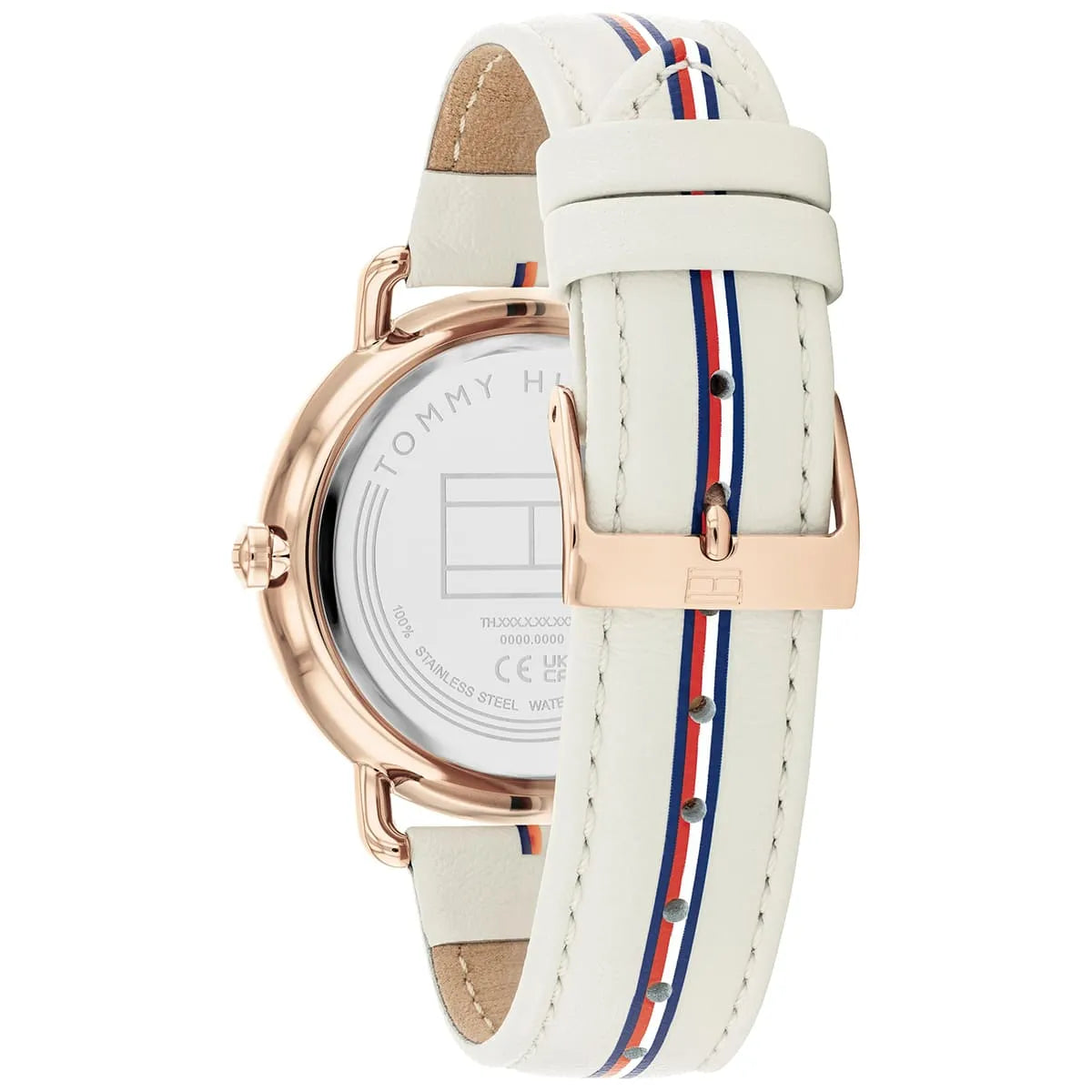Case back view of Tommy Hilfiger Lily watch showing white caseback with branding