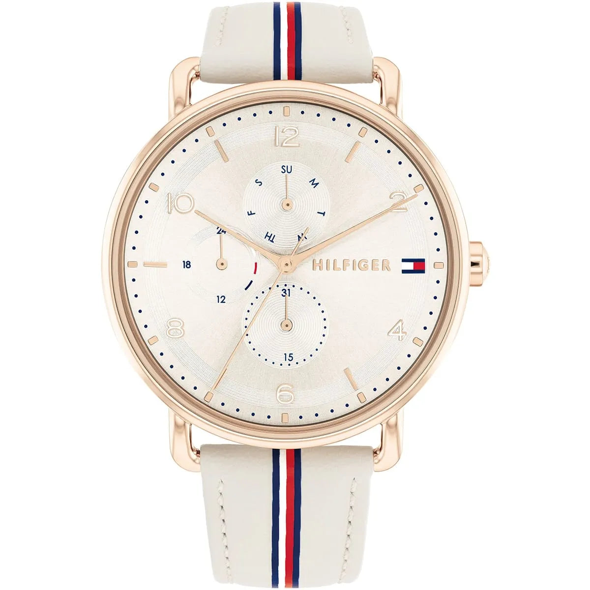 Tommy Hilfiger Lily watch with beige dial, rose gold case, cream leather strap with red and blue stripe