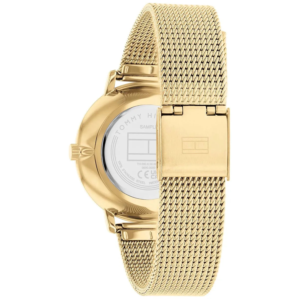 Caseback view of Tommy Hilfiger Pippa watch with gold-tone mesh bracelet