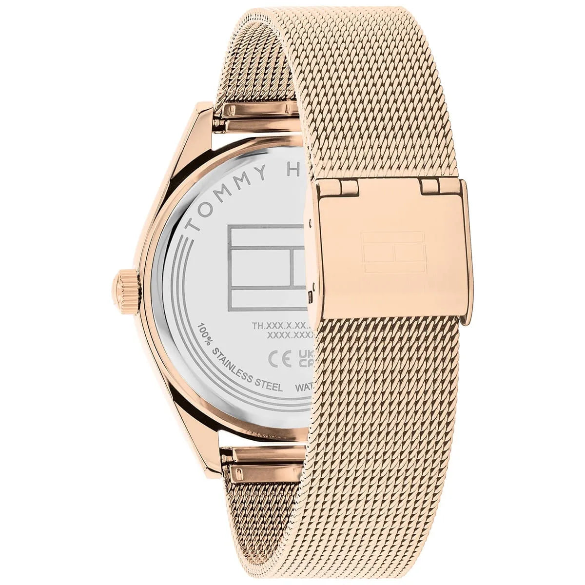 Tommy Hilfiger Monica watch caseback with rose gold mesh strap detail