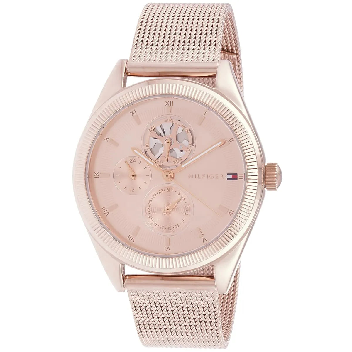 Tommy Hilfiger Monica women's watch front view with rose gold dial and strap