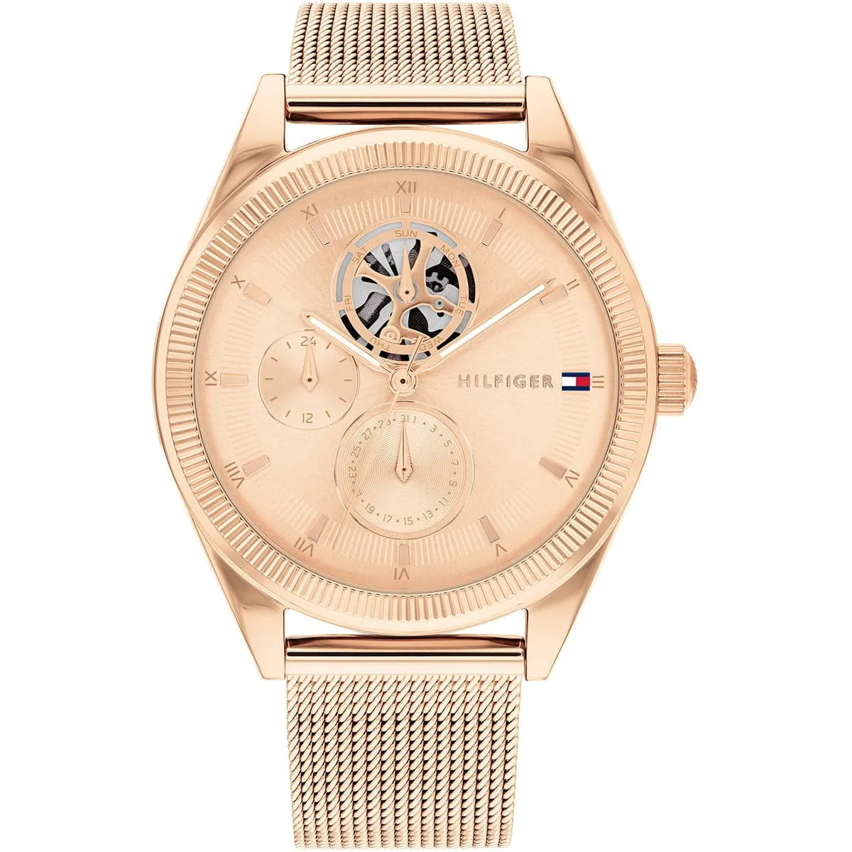 Tommy Hilfiger Monica women's watch with rose gold skeleton dial and mesh strap