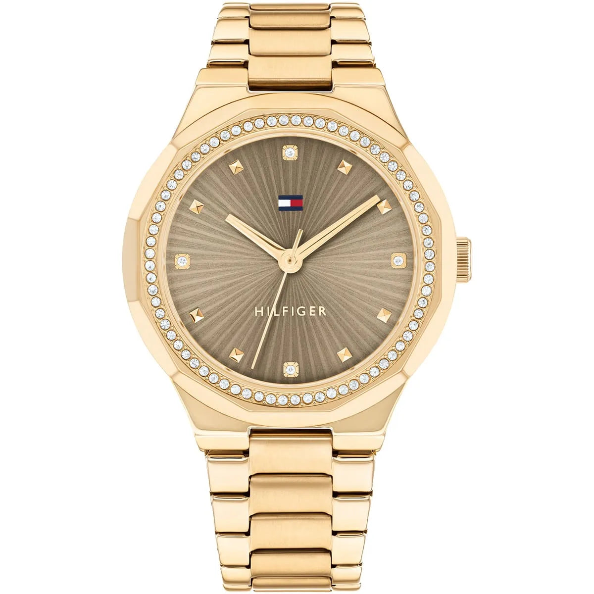 Tommy Hilfiger gold watch with brown dial, crystal bezel, and gold metal bracelet