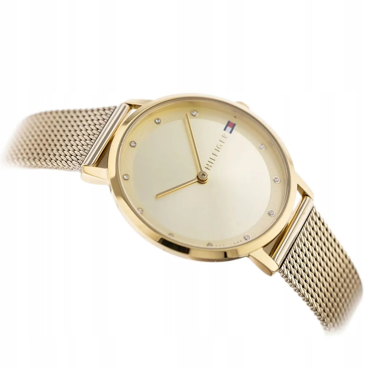 Tommy Hilfiger Pippa women's watch with gold case and crystal-set dial detail