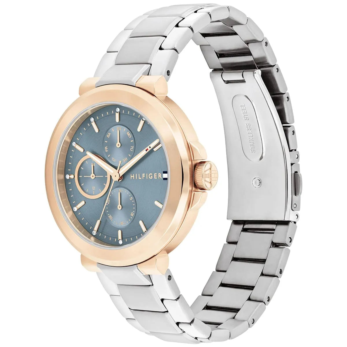 Side angle view of Tommy Hilfiger watch showing rose gold case and steel bracelet