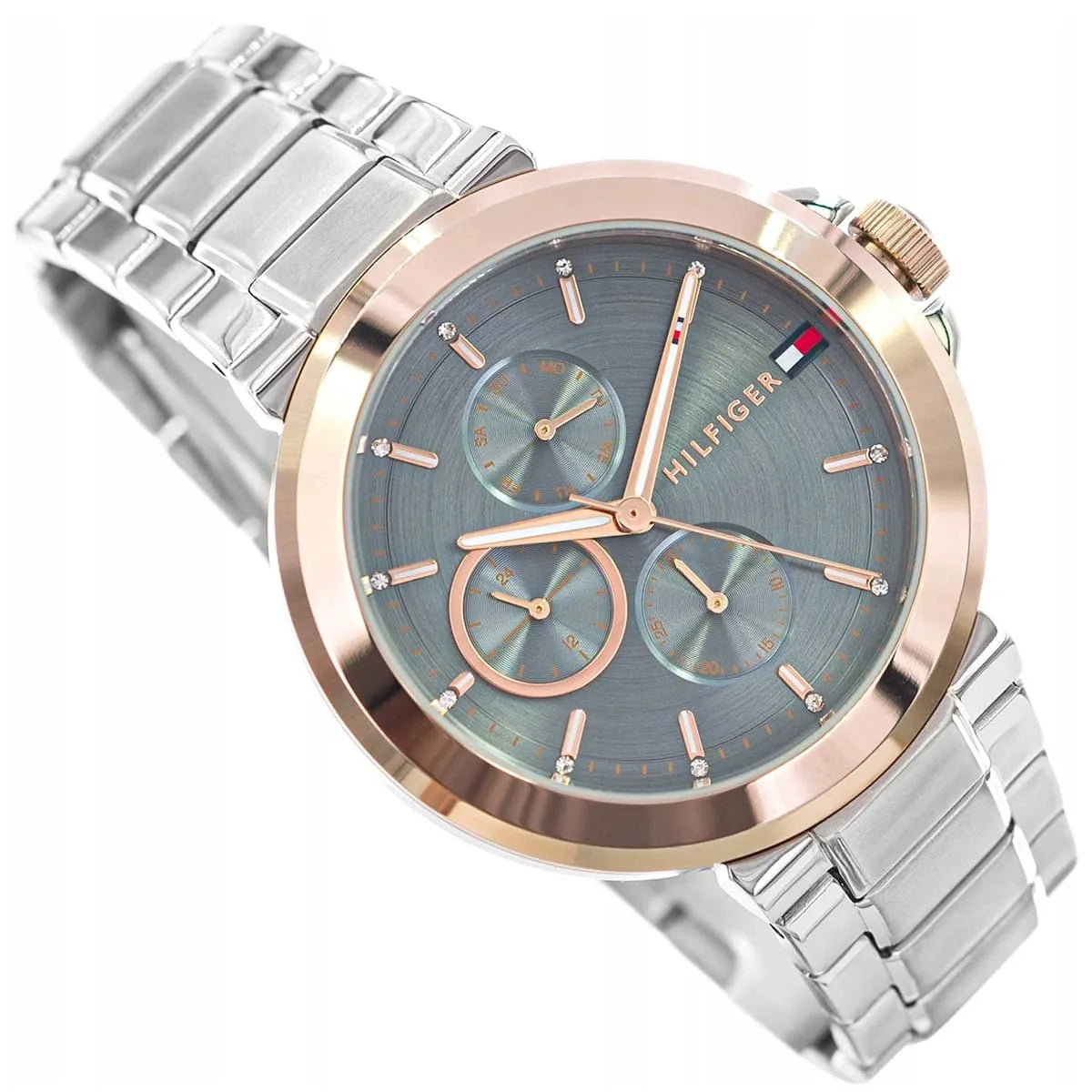 Tommy Hilfiger multi-function chronograph watch with blue dial and metal bracelet detail
