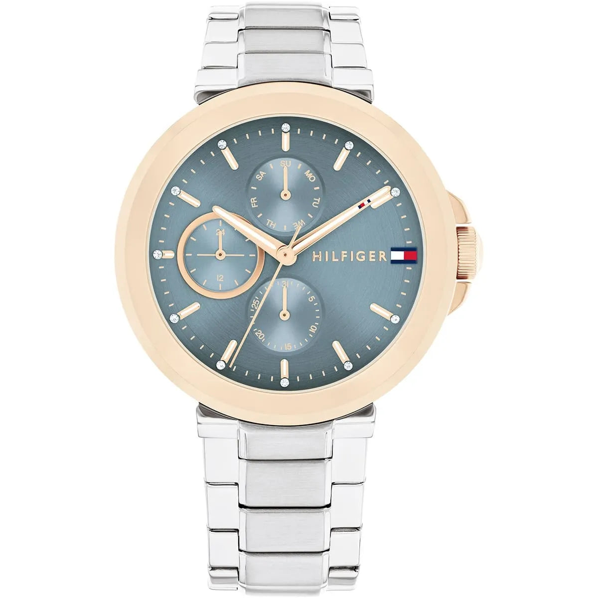 Tommy Hilfiger women's watch with blue dial, rose gold bezel, and stainless steel bracelet