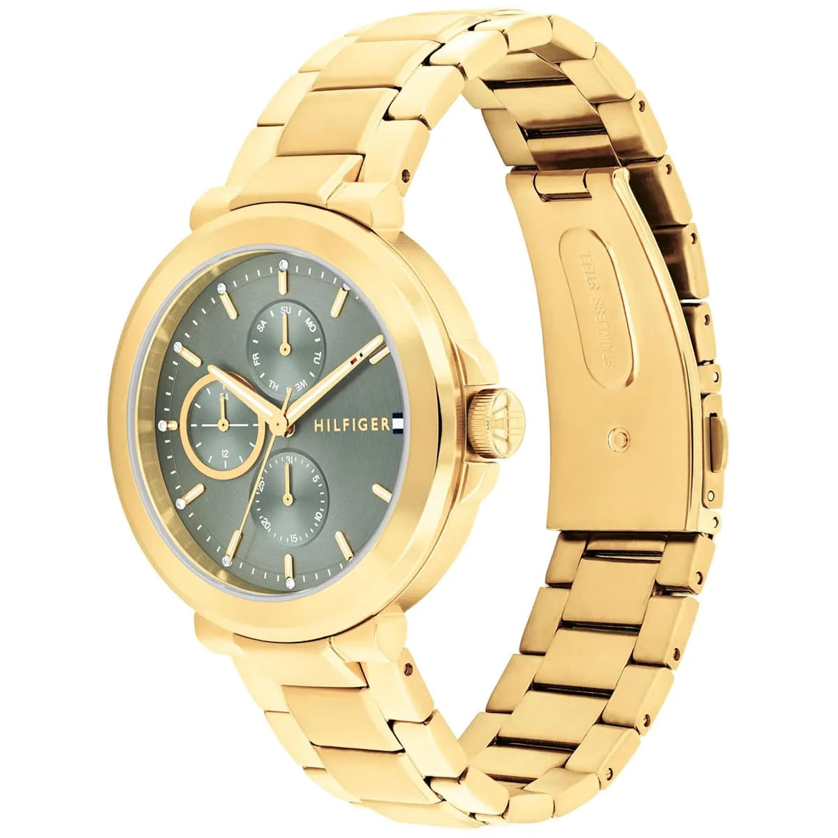 Tommy Hilfiger gold women's watch at three-quarter angle showing green dial and gold link bracelet