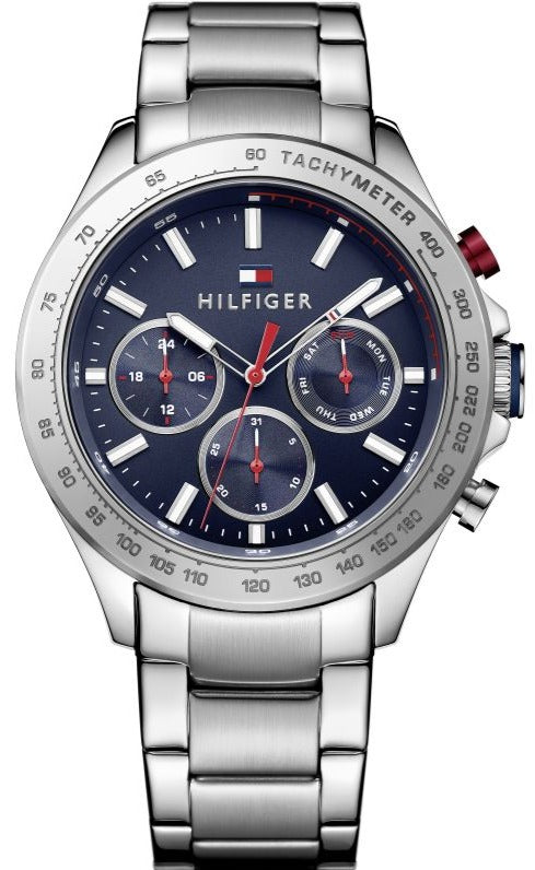 Tommy Hilfiger Hudson chronograph watch with navy blue dial and silver steel bracelet