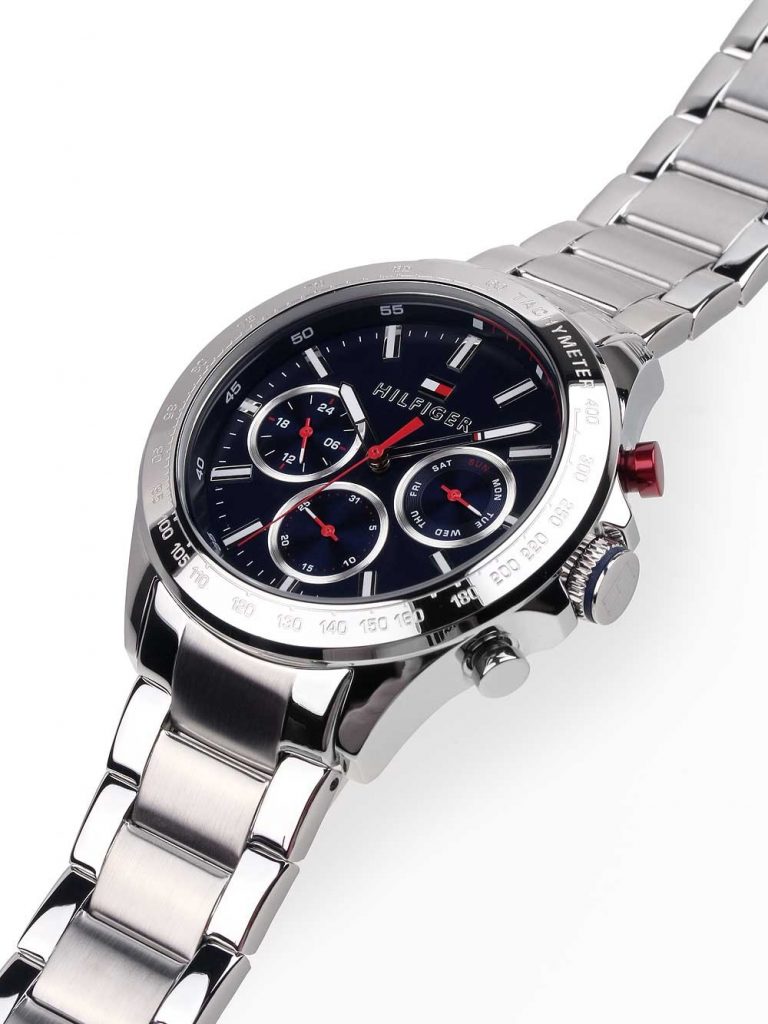 Tommy Hilfiger Hudson chronograph watch on steel bracelet shown at side angle