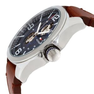 Side view of Tommy Hilfiger Bruce watch displaying case profile and brown leather strap