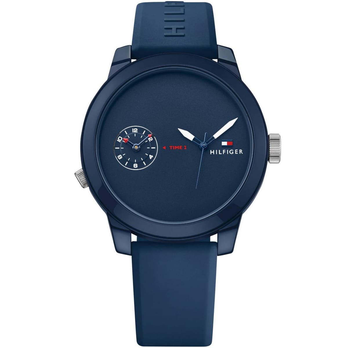 Tommy Hilfiger men's sport watch with navy blue dial, dual time subdial, and blue silicone strap