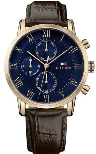 Tommy Hilfiger Kane men's watch with blue dial, rose gold case, and brown leather strap